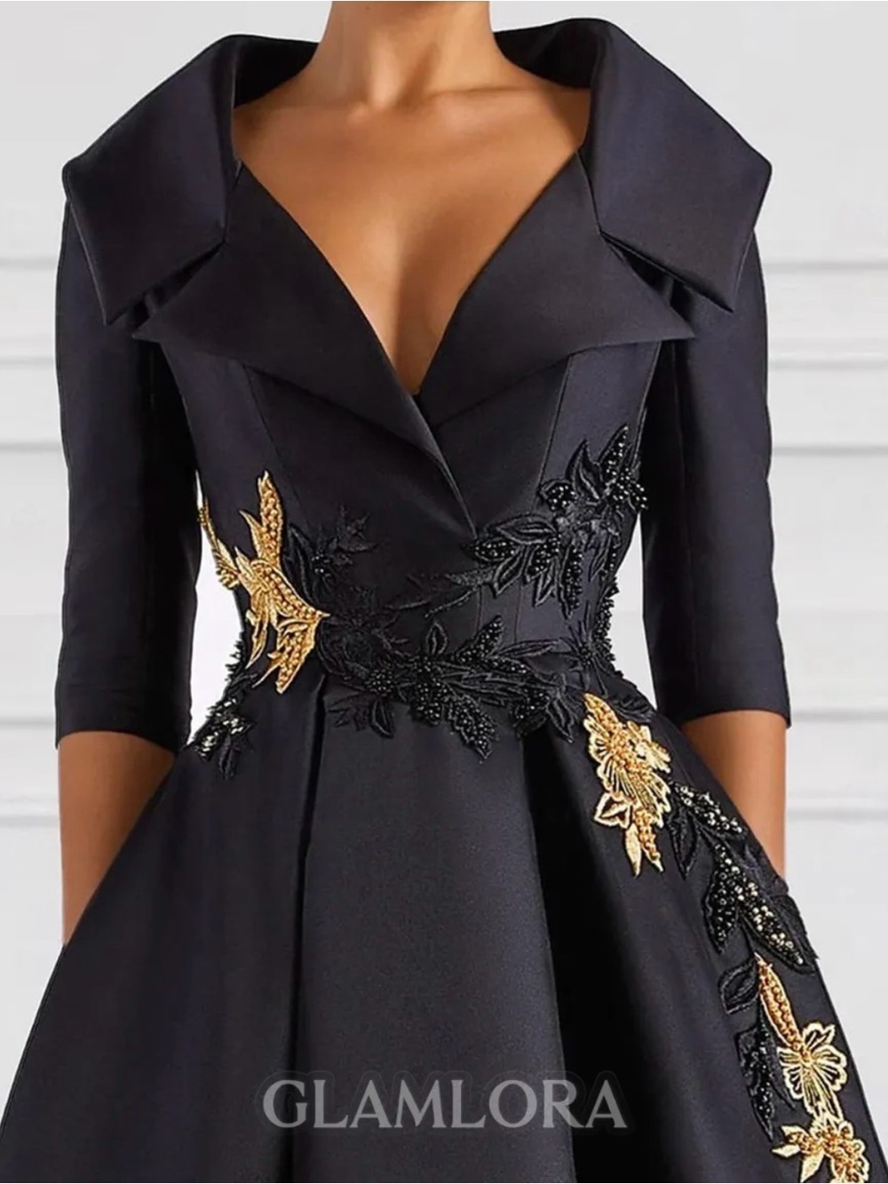 Black High-Low Evening Dress with Gold Appliqué.  Never worn.
